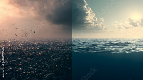 Contrast of polluted water and clean ocean at different times of day highlighting environmental issues and marine health