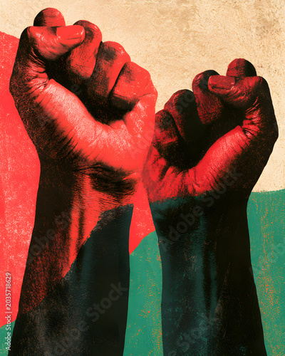 Hands raised in solidarity during a protest for social change in an urban setting showing unity and strength among the crowd