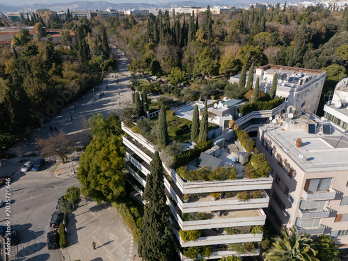 Aerial View of a Modern Building with Green Terraces in Athens Greece