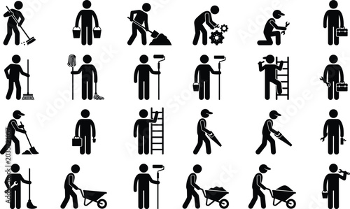Photos Set of black stick figure icons showing various construction workers, repairmen,
