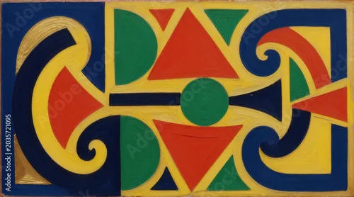 Panel kuchenny z motywem Abstract painting with bold geometric shapes and bright colors. Circles triangles and curves form a vibrant rhythmic pattern. Art created with thick brushstrokes in yellow blue red and green.