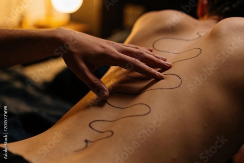 The Back Trace, Hypnotic Touch, Artistic body line design on skin with gentle touch in dim light