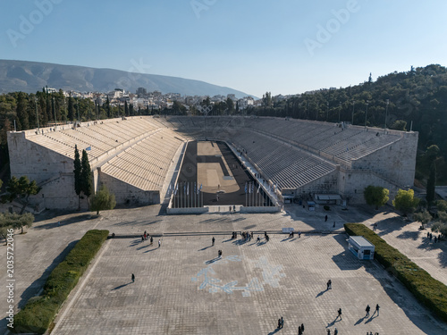 Drone aerial view of the Panathenaic Stadium in Athens Greece
