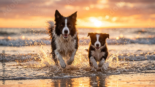 Happy dogs running together through shallow water with splashes on a tropical beach at sunset