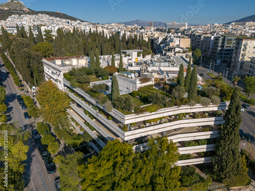Aerial View of a Modern Building with Green Terraces in Athens Greece