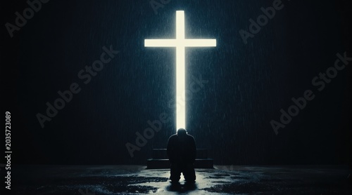 Man kneels before glowing cross in pouring rain. Silhouette prays in darkness, seeking solace and divine connection amidst stormy weather and atmospheric lighting.