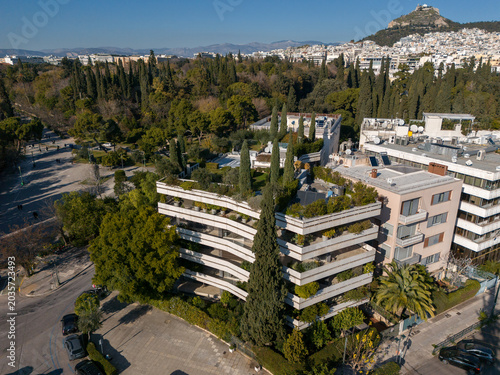 Aerial View of a Modern Building with Green Terraces in Athens Greece