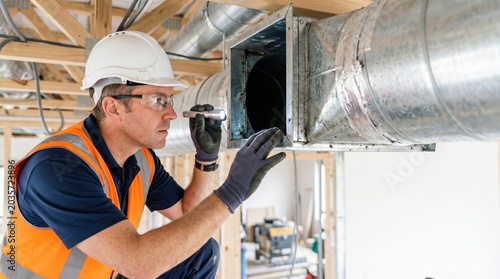 Builder checking ventilation duct installation for quality assurance at construction site. Builder inspects ductwork with attention to detail, ensuring proper functionality and safety standards.