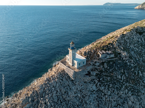 Aerial view of Lighthouse tower at Cape Tainaron, the Southernmost Point of Mainland Greece