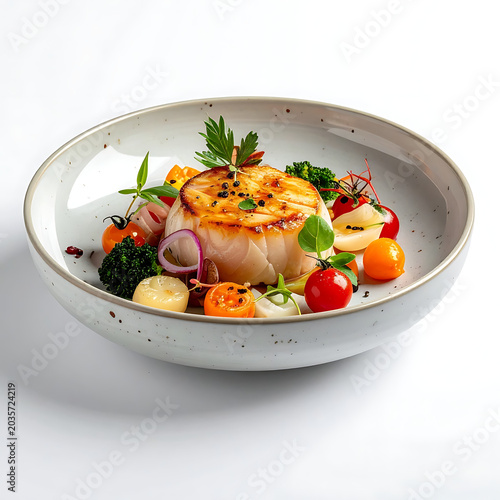 Gourmet seared fish fillet with colorful fresh vegetables and herbs, elegant presentation in a rustic bowl, ideal for restaurant menus and food blogs