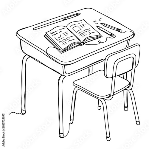 School desk and chair with open notebook and pencils in continuous line art style