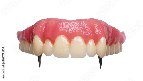 Fotografi Isolated vampire fangs set with pink gums, scary fake costume teeth for Hallowee