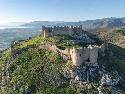 Aerial drone view of Larisa Castle in Argos, Peloponnese, Greece at sunrise
