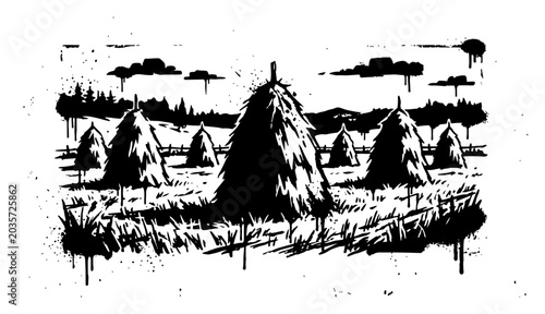 Obraz na plátne Haystacks in rural farm field landscape with ink splatters in grunge style