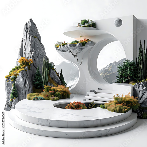 Modern architectural design with natural elements, abstract geometric shapes, minimalist landscaping, and rock formations, representing a serene oasis and biophilic design principles