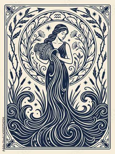 Aquarius woman water bearer in Art Nouveau zodiac style