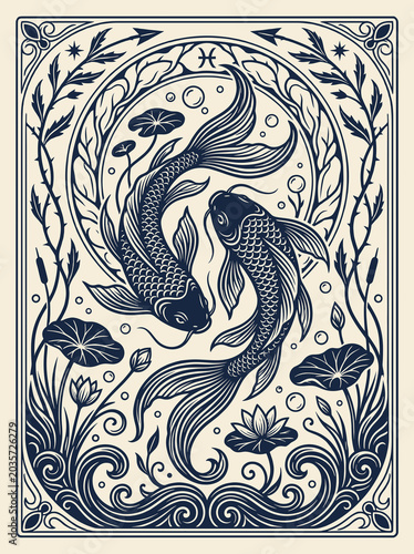 Pisces koi fish in Art Nouveau zodiac illustration