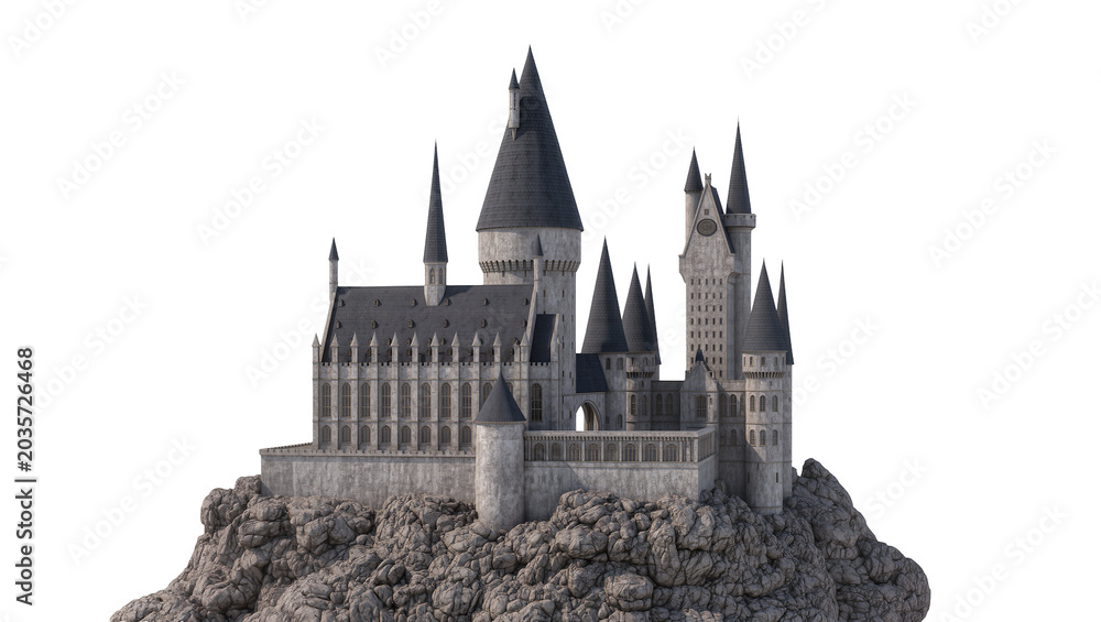 Obraz premium Isolated magnificent fantasy castle with numerous dark spires and ancient gothic stone architecture.