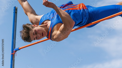 Dynamic High Jumper Defying Gravity Mid-Leap at Track and Field Event, Radiating Focus and Determination
