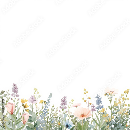 Watercolor Wildflower Border Hand-painted Pastel Floral Meadow Illustration on White Background