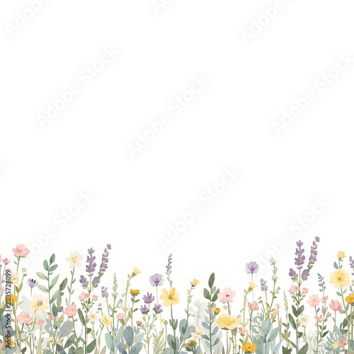Watercolor Wildflower Meadow Border Background with Hand-painted Floral Illustrations and White Copy Space
