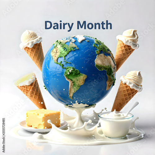 Globe of planet Earth surrounded by milk, cheese and other dairy products, illustrating the idea of Dairy Month
