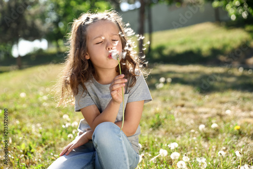 Obraz na plátně Cute little girl blowing dandelion in park, space for text