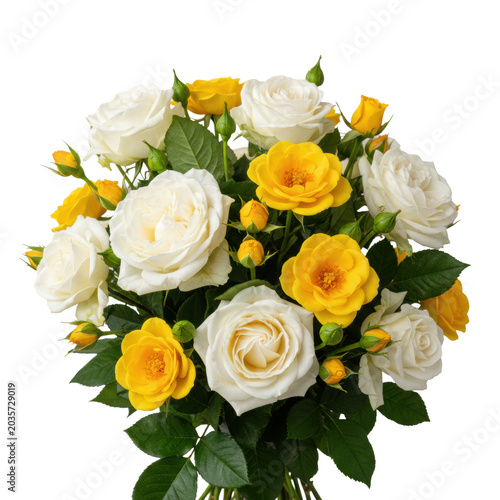 Lush bouquet of white and yellow roses with emerald leaves and green buds against a transparent background in a sophisticated romantic elegance atmosphere