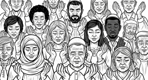 Foto Diverse group of people praying with eyes closed and hands raised