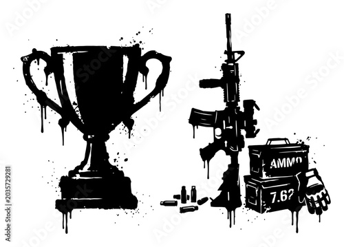 Canvastavla Winner trophy and assault rifle with ammo boxes in black and white ink splatter