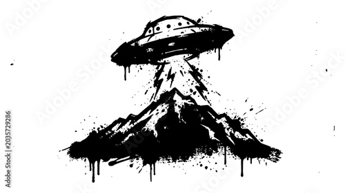 Cuadro en lienzo UFO flying saucer with light beam over mountain in stencil graffiti style