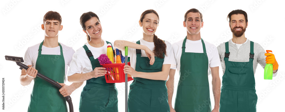 Fototapeta premium Group of cleaning service workers on white background