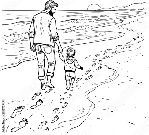 Father And Son Walking On Beach Line Art Illustration