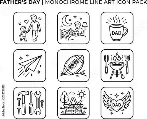 Father s Day Monochrome Line Art Icon Pack Family And Hobbies