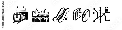 Photos Set of hand-drawn icons related to subway and city train transport, including a metro tunnel, elevated rail, escalator, station turnstile gate, and a route map for urban navigation