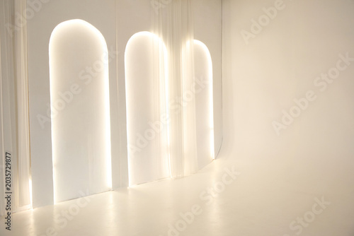 Canvas-taulu Empty minimalist studio interior with glowing architectural arches and sheer cur