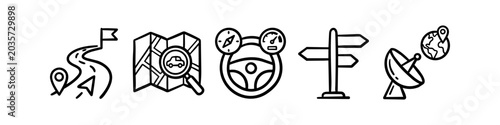 Set of hand-drawn black line icons for navigation and travel, featuring a road map, steering wheel, signpost, and satellite dish. Perfect for road trip and GPS concepts.