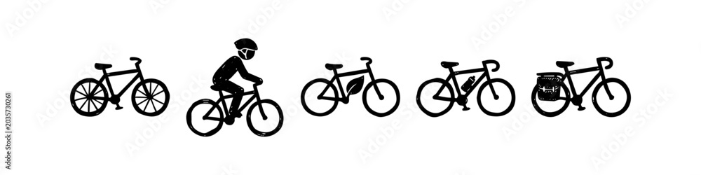 Fototapeta premium Hand-drawn bicycle icon set featuring a cyclist, eco-bike, and touring bike. Minimalist black ink doodle style for cycling, commuting, and sustainable transport concepts on a white background.
