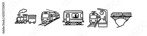 Obraz na płótnie Set of hand-drawn railway icons featuring a steam locomotive, modern electric train, station platform, passenger car, and a bridge crossing