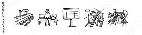 Obraz na płótnie Hand-drawn doodle set of train station icons, featuring a passenger on a bench, railway platform, timetable, and arriving commuter train