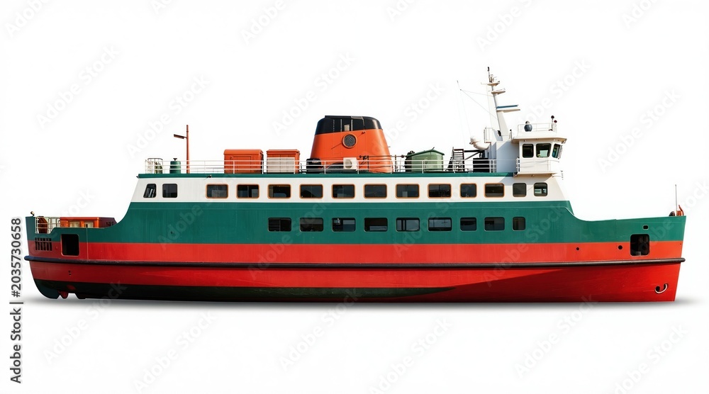 Fototapeta premium Passenger ferryboat side view. Multi-deck vessel with red green white cabins and decks. Ship floats on water surface clean isolated background for graphic design.
