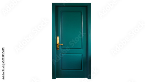 Fotografi Isolated elegant dark teal wooden door with a classic gold handle, beautiful interior design