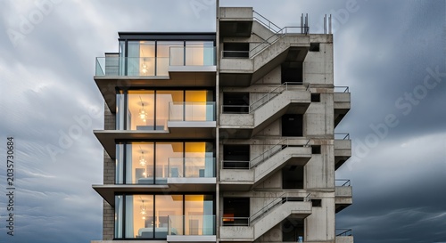Apartment building with glass balconies, juxtaposed with external concrete staircase,