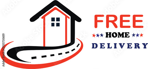 Photos Free Home Delivery Icon: A stylized house sits atop a winding road, symbolizing free home delivery services with prominent text announcing the offer