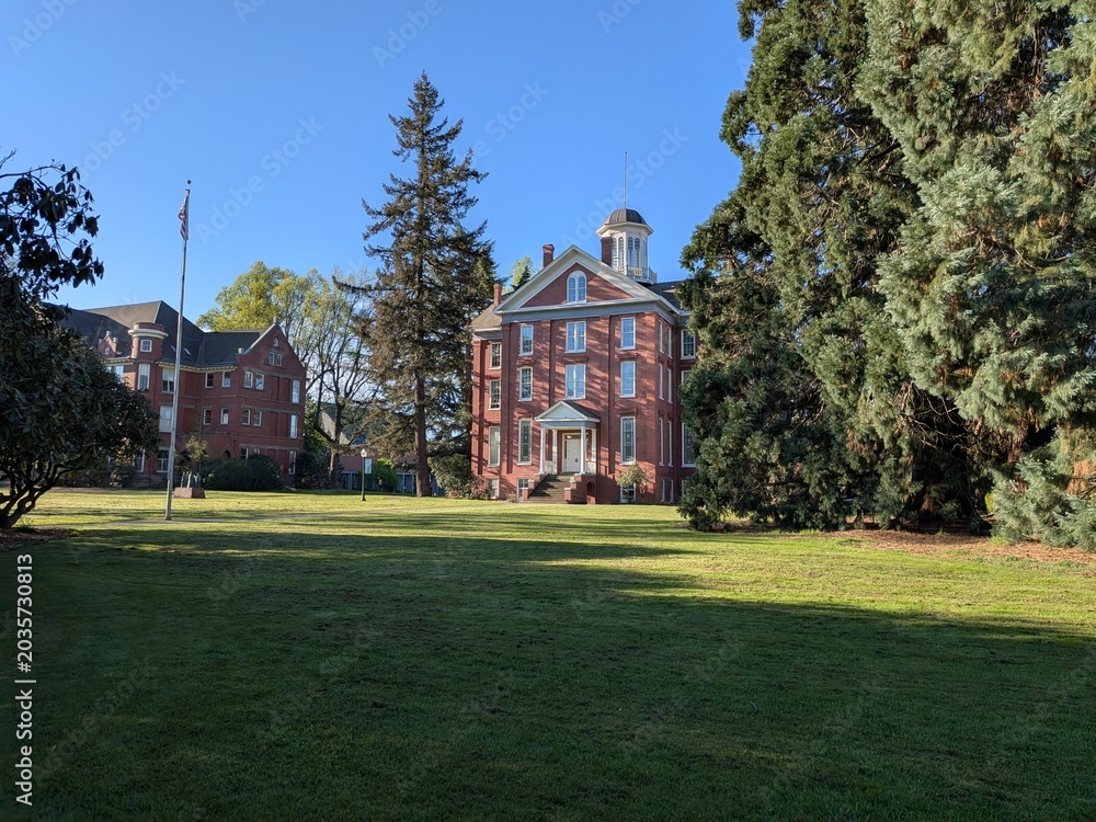 Obraz premium : Historic collegiate campus with green lawns, sculpture, flagpole, and classic brick academic buildings beneath a vibrant spring sky.