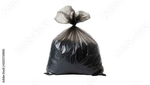 Cuadro en lienzo Isolated black plastic garbage bag filled with trash, tied at the top, ready for