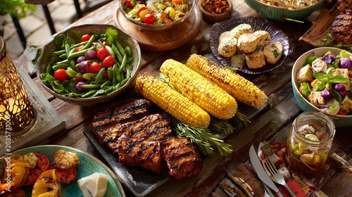 A delicious spread of grilled meats and fresh vegetables on a rustic wooden table outdoors