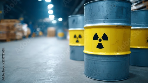 Contaminated Storage Area with Yellow Radioactive Waste Barrels in a Dimly Lit Industrial Environment Highlighting Safety Concerns