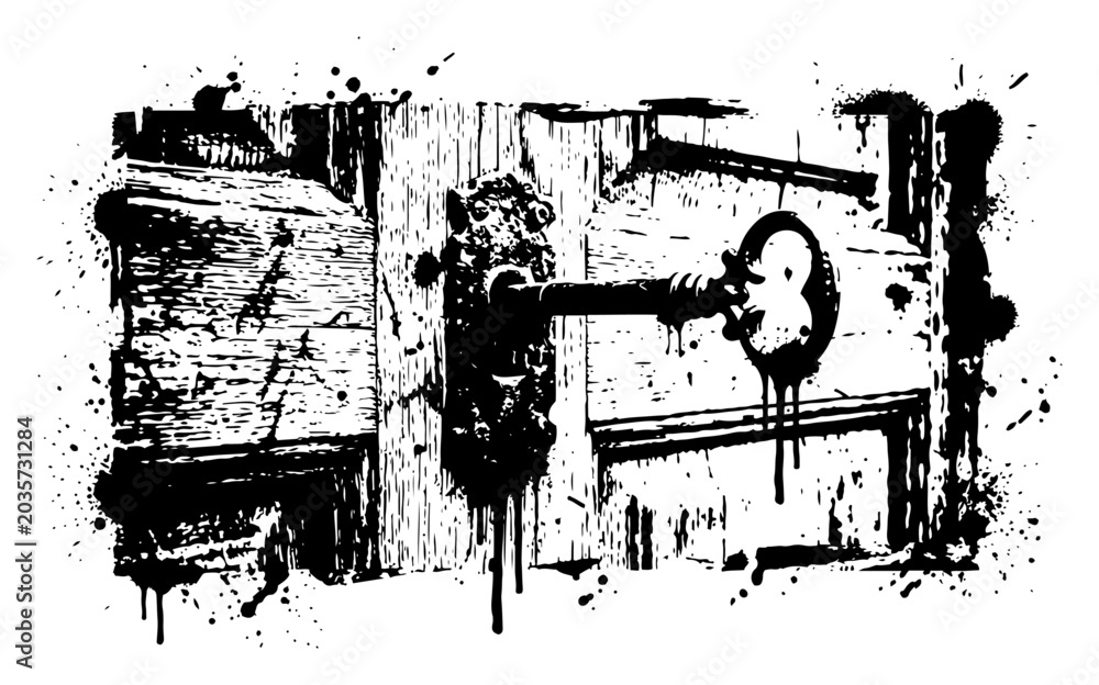 Obraz premium Vintage skeleton key inside lock of old wooden door in distressed ink splatter style
