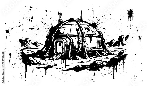 Tableau sur toile Futuristic space base station on a rocky planet surface in ink splatter style